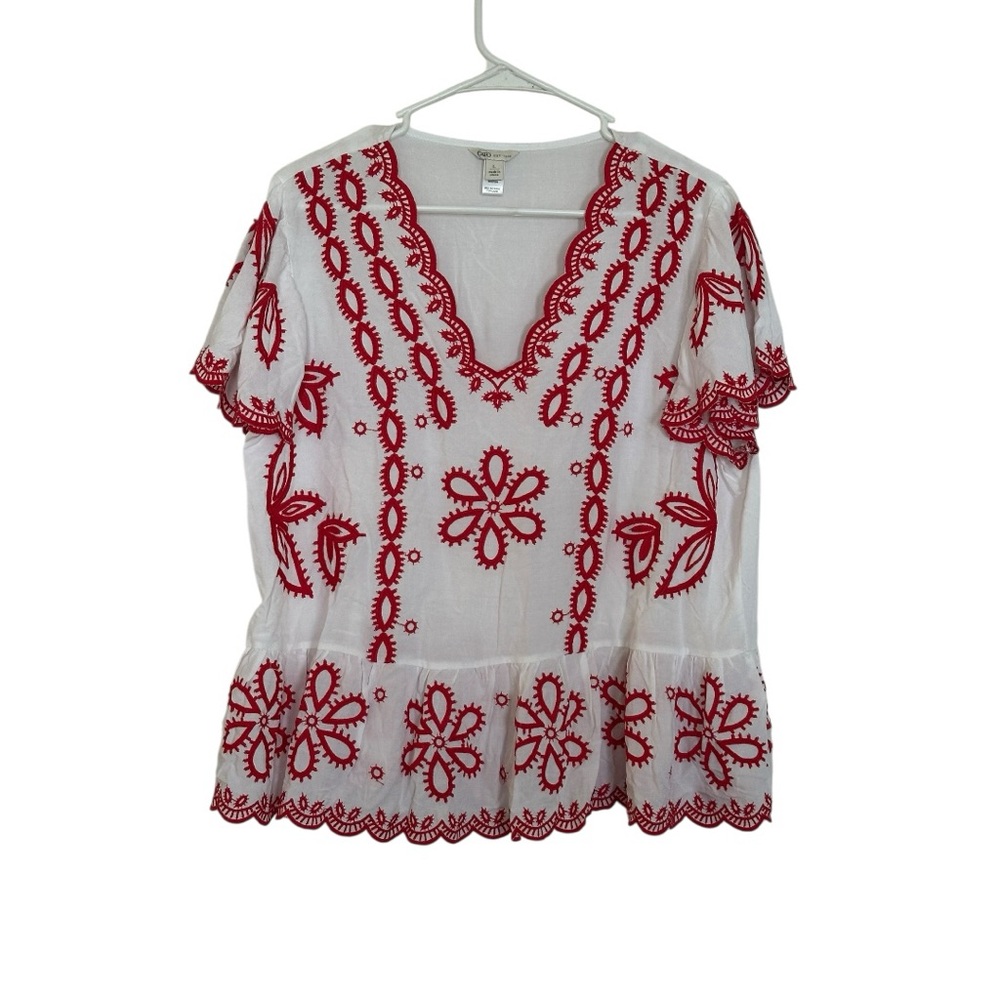 Cato Embroidered Boho Peplum Blouse Large NWOT White Red Floral Top